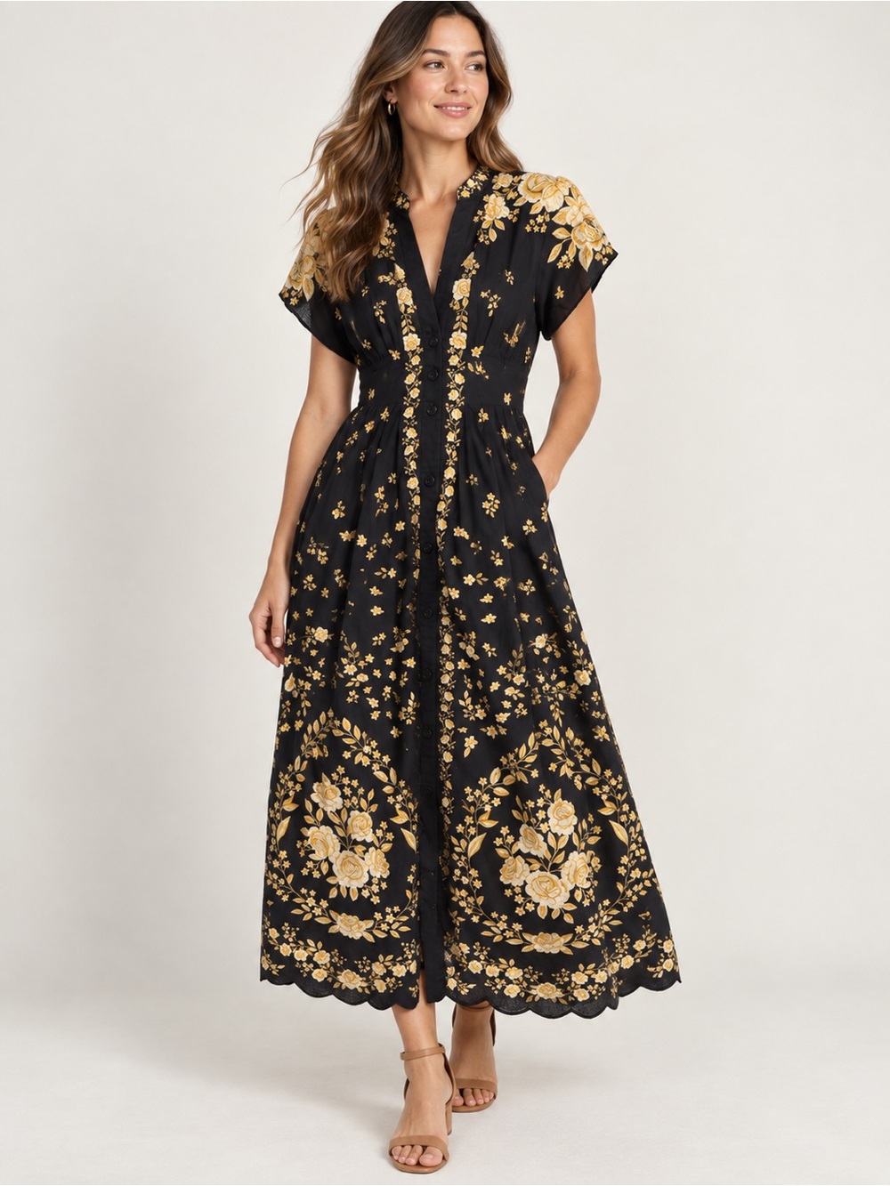 FARM Rio Black Midi Dress with Gold Floral Print
